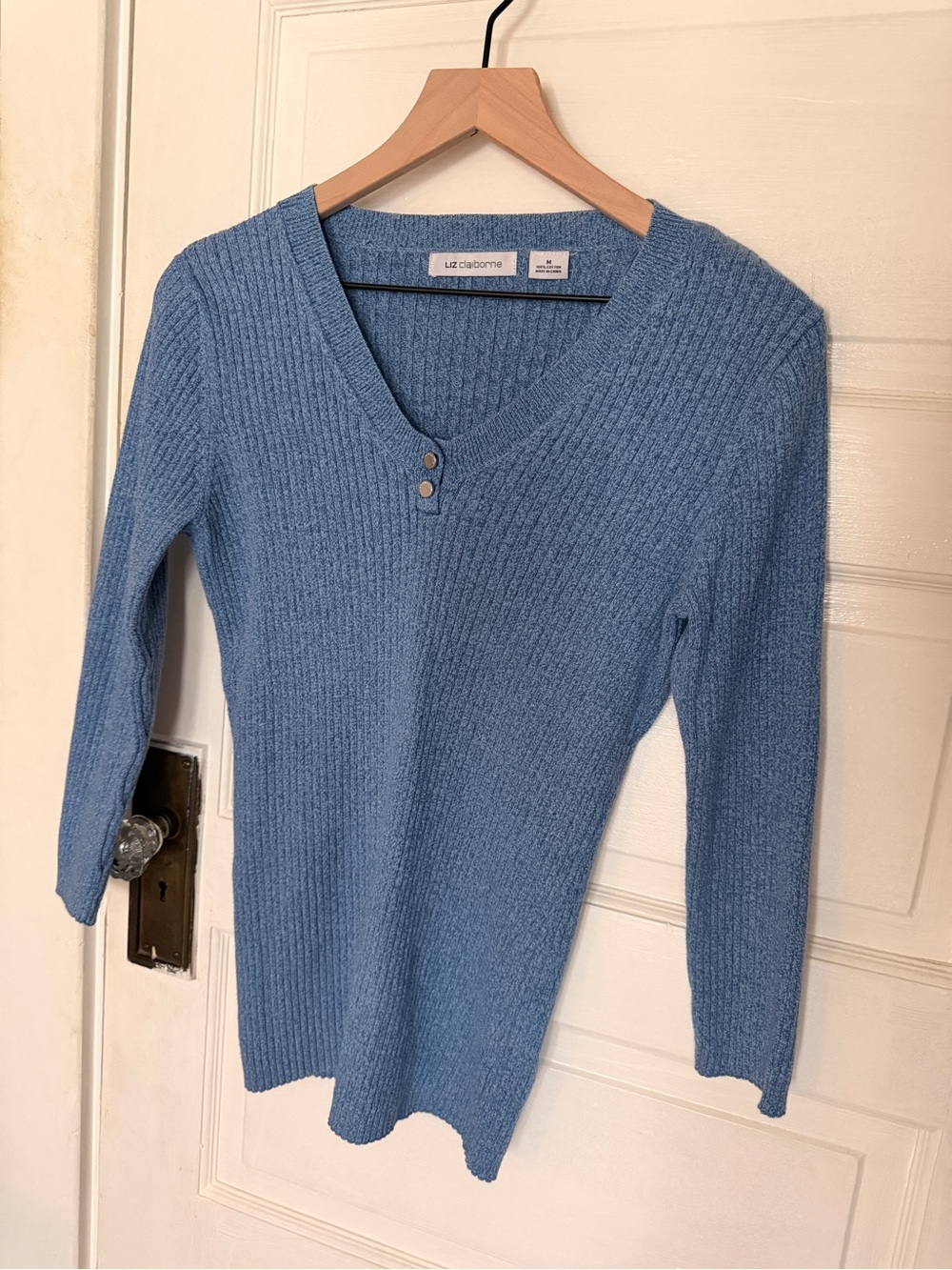 100% Cotton Liz Claiborne Light Blue V-Neck Ribbed Sweater